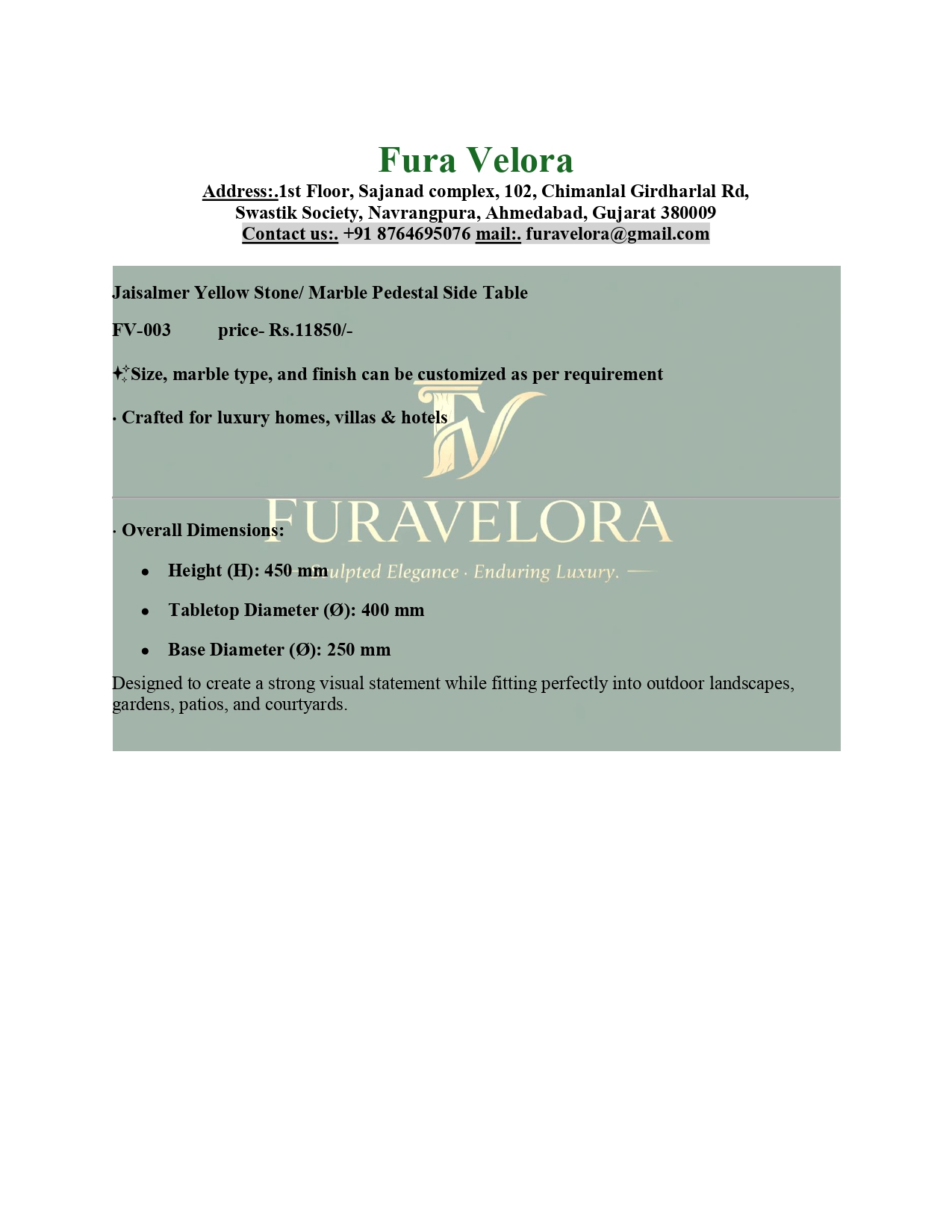 Jaisalmer Yellow Stone/ Marble Pedestal Side Table (FV-003)